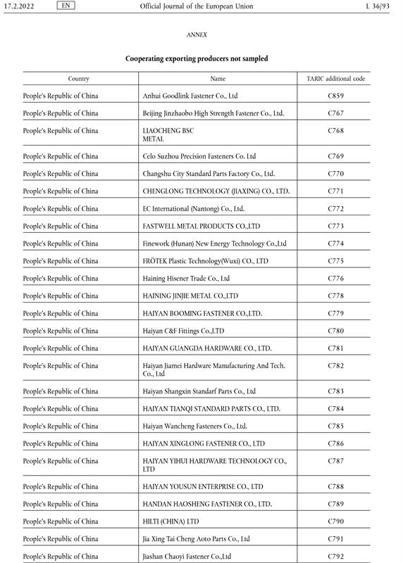 緊固件，反傾銷，歐盟，金鼎，甬怡，君浩