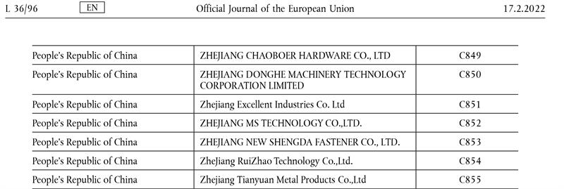 緊固件，反傾銷，歐盟，金鼎，甬怡，君浩